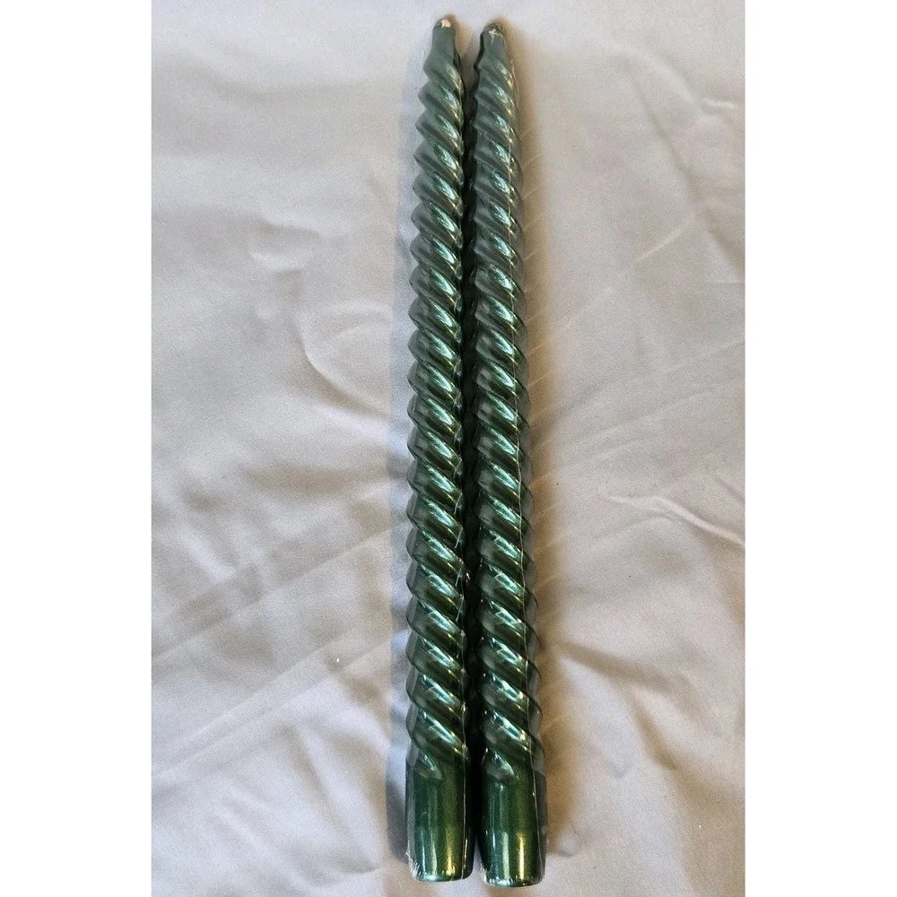 Vintage Pair Metallic Emerald Green Spiral Twist Taper Candles 11